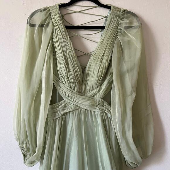 Mac Duggal Lace Up Chiffon Ruffle Tiered Goddess Gown green size 2 CL1 - Picture 6 of 7